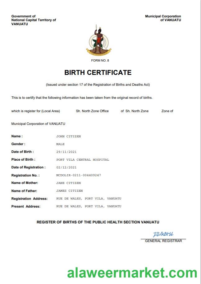 Vanuatu birth certificate Word and PDF template